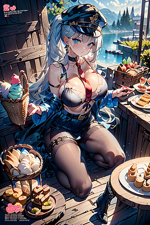(perky chest:1.2), (pointed chest:1.2),(icecream magazine cover:1.3),(from above:1.2),(shoot from the side:1.1),(((Black Tunic:1.3))),(((cakes and bread in the basket),a 23yo Cute and beautiful girl,masterpiece、highest quality、Very detailed、Beautiful fine details、Detailed landscape、Braided Ponytail、Red camisole、((B cup breasts, Tank top showing underboob:1.0)), thigh strap, bangs, necktie, earrings, nail polish, fishnet pantyhose, silver hair, looking at viewer, full body, bottle, own hands together, belt, food, ring, choker, english text paper:1.2, collared shirt, blue eyes, hat,lace-up boots ,