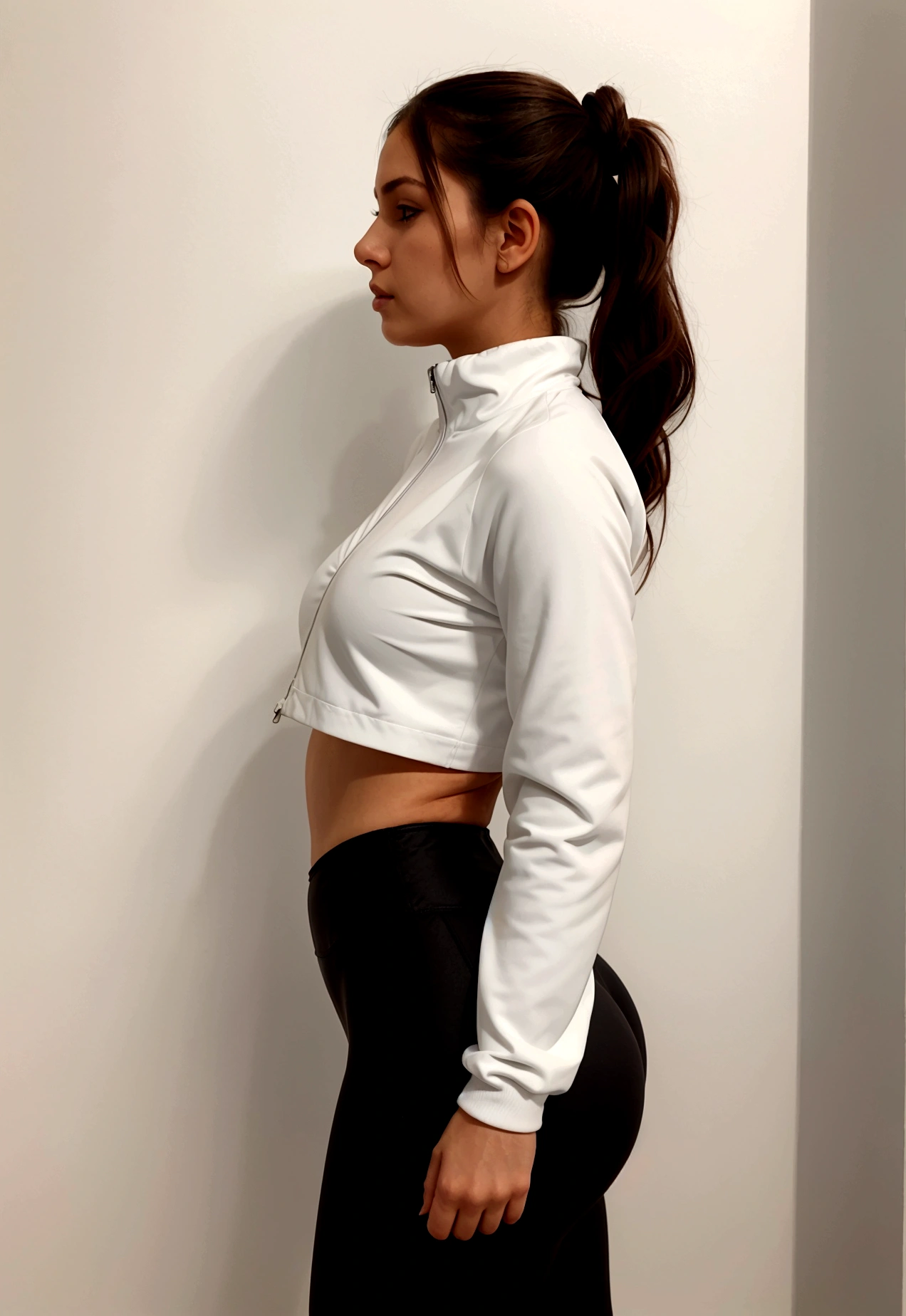 ,Rear view, 1 Japanese girl , (smile:0.7), , Running , Run, race, Upper body, Gym suit, white long sleeve hoodie, hood, white panties, lace panties, beautiful thighs,Please think back, realistic butt crack, にやにやのsmile, very short hair , (high color saturation:1.0), (highly detailed skin), (highest quality:1.0), (ultra high resolution:1.0) ,(realistic:1.0), (Super detailed:1.0), (8k, RAW photo:1.1)、beauty、white panties、blur the background