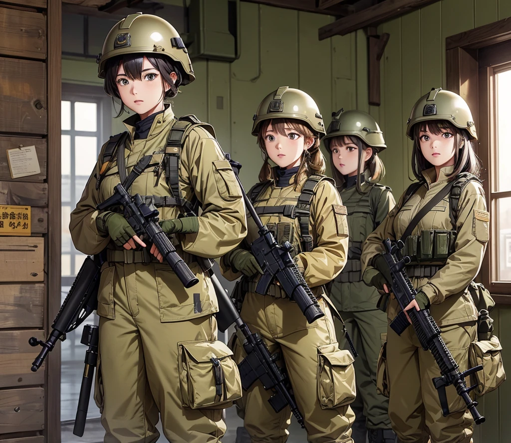 A group of female soldiers all wearing yellow earth-colored military uniforms，Full helmet、Military Pants、Individual equipment set、Alert with guns，Write details、masterpiece、best quality、Highly detailed CG、8K picture quality