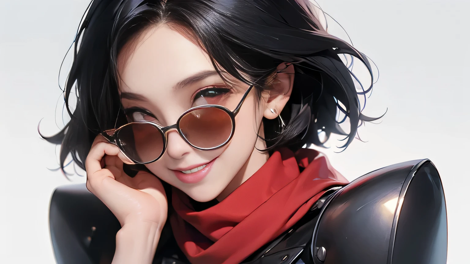 (masterpiece, best quality, 8k wallpaper, high resolution, ultra realistic), 2 women, 2 girls wearing sunglasses, 18 years old, one with long black hair and one with black hair in bob cut, laughing, smiling, 8k, RAW portrait (Japanese women), masterpiece, photorealistic: 1.3, realistic, ultra high resolution, highest quality, real life photo, (in the evening: 1.1), ((((1 girl: 1.5))))(cute face: 1.3), perfect proportions, 80s oversized sunglasses,, steampunk, face retouch, labrador, robot suit, chrome skin, savvy, anime cosplay, cyber enhanced, skin color –, slim bodysuit, red scarf, light background, posing. smiling, looking at you and smiling, grinning,