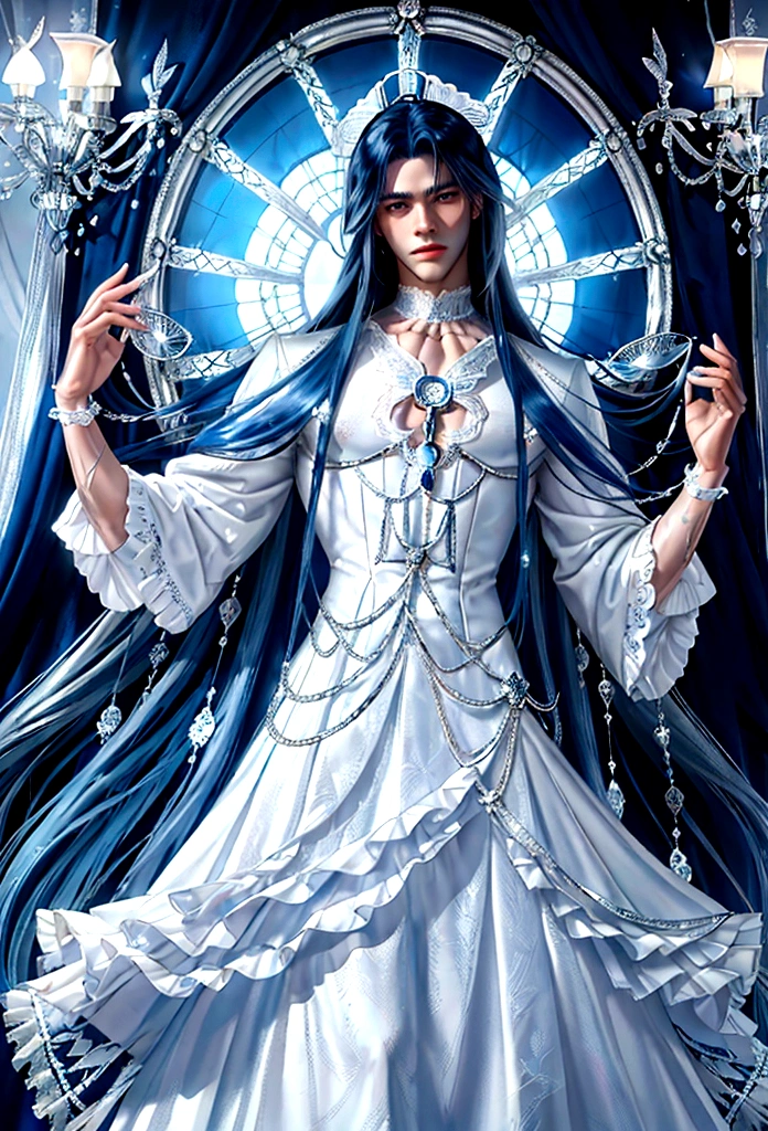 (masculine) (man) (man de Navy blue hair muy largo) (long hair de color azul marino ) (long hair) (Navy blue hair) (blue eyes) (monoculo) (silver monocle) (elegant white clothes with lace) (silver lace) (porcelain, piel de porcelain) (marked doll joints) (butterflies alrededor) (butterflies) (detalles silver) (silver) (doll pose)