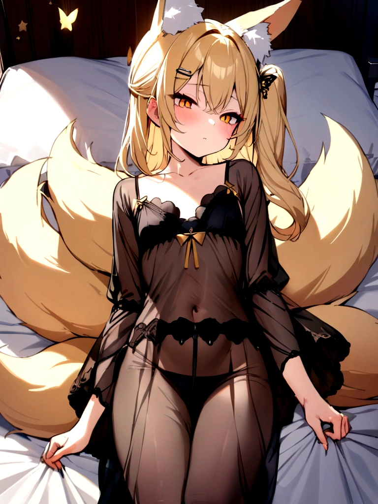 (masterpiece, best quality) junior,detailed, (beautiful,small breasts), blonde,long hair, side ponytail(tied to the left),Hairpin decoration with gold butterfly, elegant, (fox ears),nine tailed fox tail, red eyeshadow, golden eyes, femur,black pajamas,See-through pajamas,Bedroom Background,Lying in bed,girl,yandere