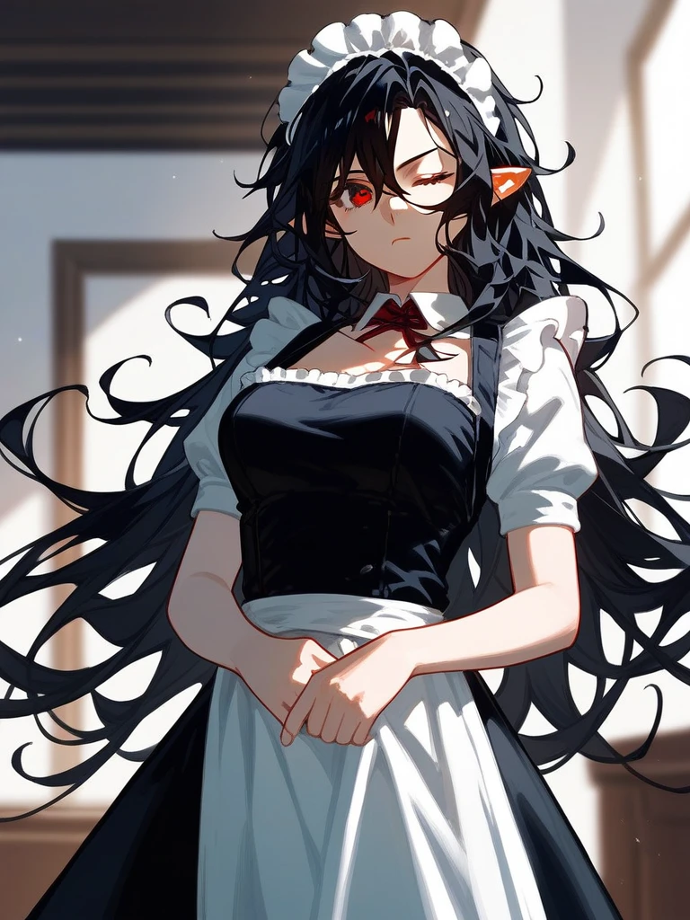 (score_9,score_8_up,score_7_up,), 1girl,solo,maid,maid headdress,looking at viewer,apron,indoors, black hair, messy hair, mane hair, long hair, dense hair, wild hair, expressive hair, mature, red eyes, pointy ears, long hair, alice, standing, mature female, medium breasts, cowboy shot, close up, one eye closed, serious