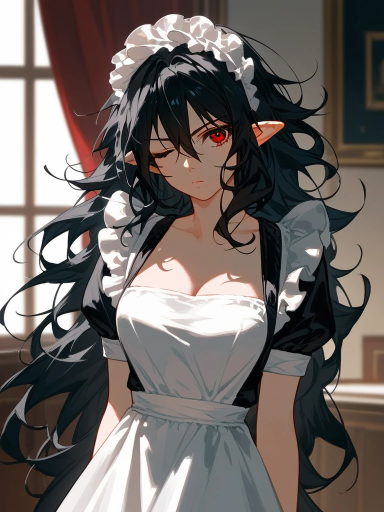 (score_9,score_8_up,score_7_up,), 1girl,solo,maid,maid headdress,looking at viewer,apron,indoors, black hair, messy hair, mane hair, long hair, dense hair, wild hair, expressive hair, mature, red eyes, pointy ears, long hair, alice, standing, mature female, medium breasts, cowboy shot, close up, one eye closed, serious