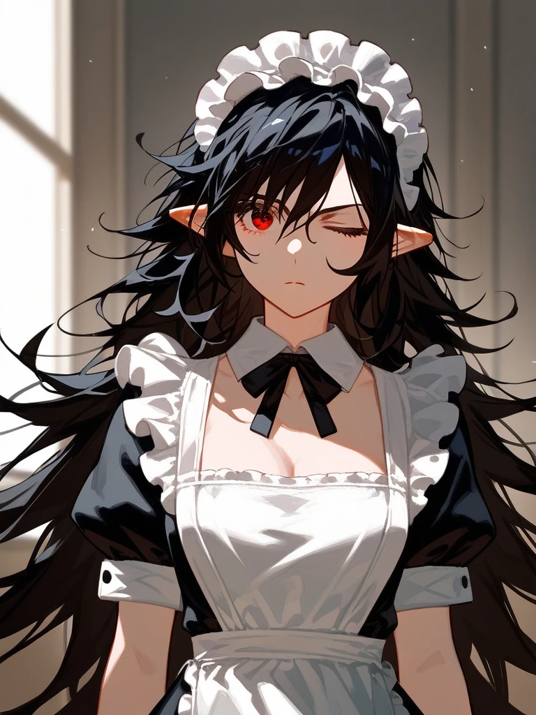 (score_9,score_8_up,score_7_up,), 1girl,solo,maid,maid headdress,looking at viewer,apron,indoors, black hair, messy hair, mane hair, long hair, dense hair, wild hair, expressive hair, mature, red eyes, pointy ears, long hair, alice, standing, mature female, medium breasts, cowboy shot, close up, one eye closed, serious