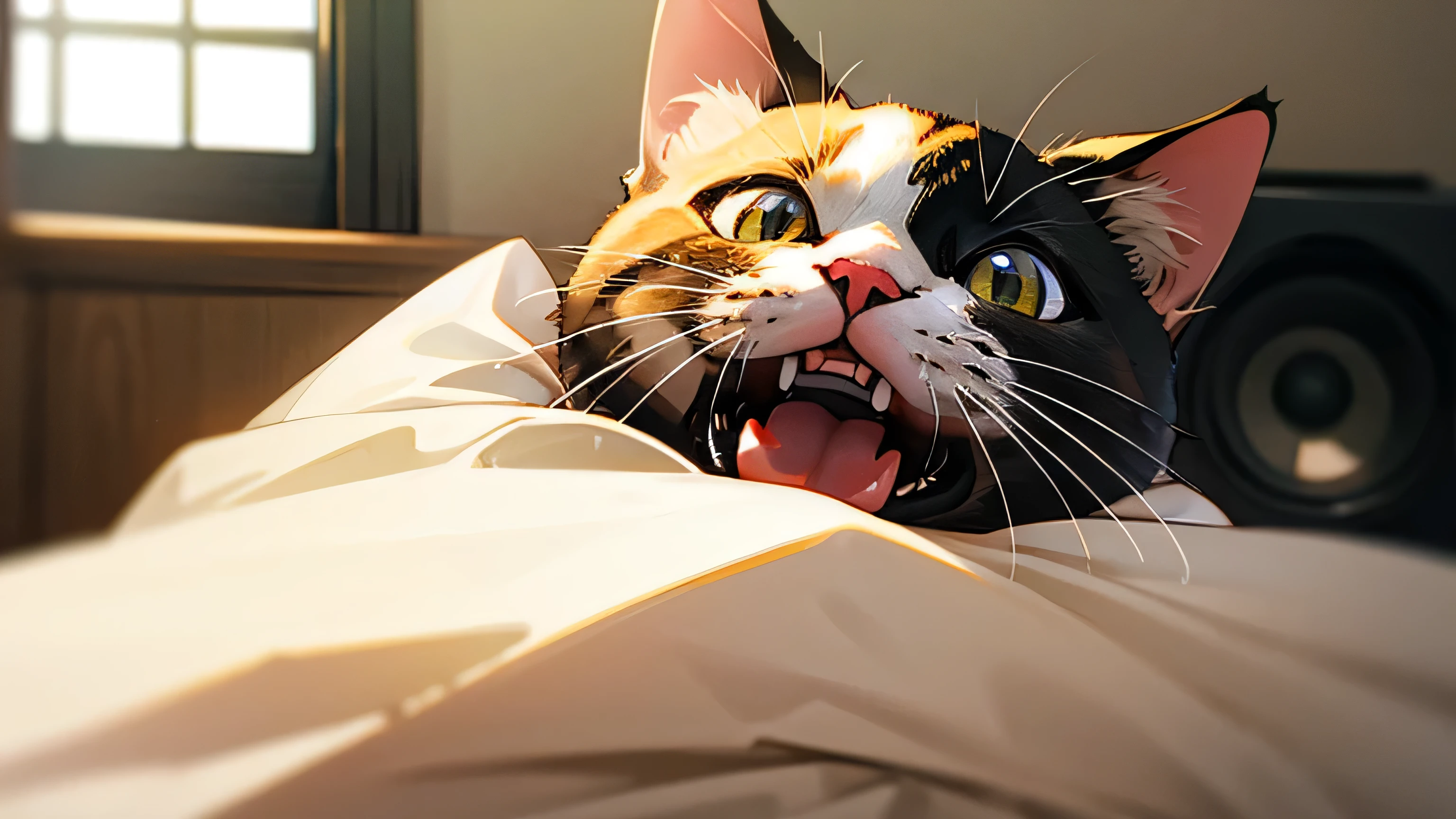 Room with speakers、、Realistic Cat、Upper body close-up、night、Yawn