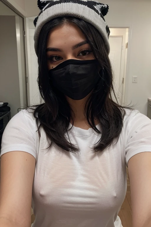 Sexy girl with long black hair taking a selfie in black mask and white shirt with a gray beanie