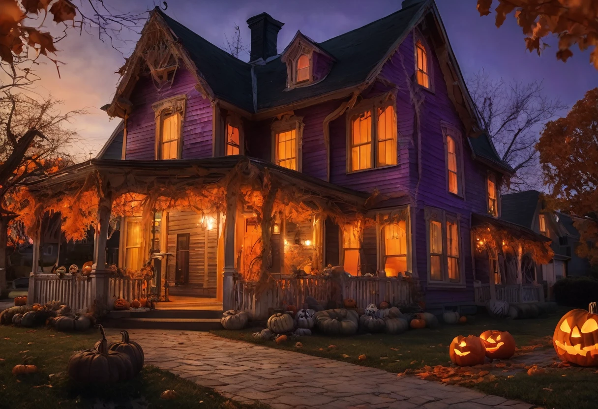 Generate a commercially appealing and highly detailed photo with a Halloween theme. The scene should feature a beautifully carved pumpkin with a glowing candle inside, placed on a rustic wooden porch. Surrounding the pumpkin are autumn leaves, small gourds, and a few scattered candy treats. In the background, a quaint house decorated with cobwebs, string lights, and other Halloween ornaments can be seen. The setting is at dusk, with the sky painted in deep oranges and purples, and a full moon rising, casting a soft, eerie glow over the scene. The overall atmosphere should be festive yet slightly spooky, capturing the essence of Halloween in a visually stunning and marketable way.