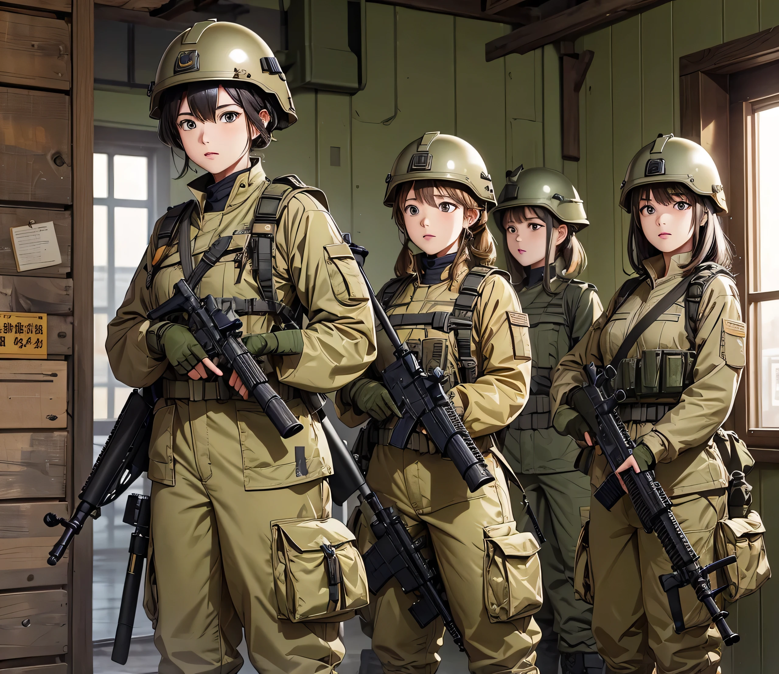 A group of female soldiers all wearing yellow earth-colored military uniforms,Full helmet、Military Pants、Individual equipment set、Alert with guns,Write details、masterpiece、best quality、Highly detailed CG、8K picture quality