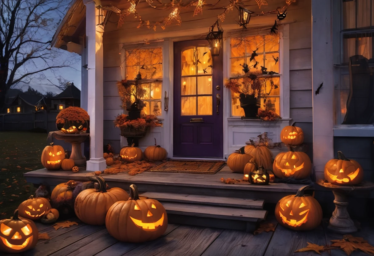Generate a commercially appealing and highly detailed photo with a Halloween theme. The scene should feature a beautifully carved pumpkin with a glowing candle inside, placed on a rustic wooden porch. Surrounding the pumpkin are autumn leaves, small gourds, and a few scattered candy treats. In the background, a quaint house decorated with cobwebs, string lights, and other Halloween ornaments can be seen. The setting is at dusk, with the sky painted in deep oranges and purples, and a full moon rising, casting a soft, eerie glow over the scene. The overall atmosphere should be festive yet slightly spooky, capturing the essence of Halloween in a visually stunning and marketable way.