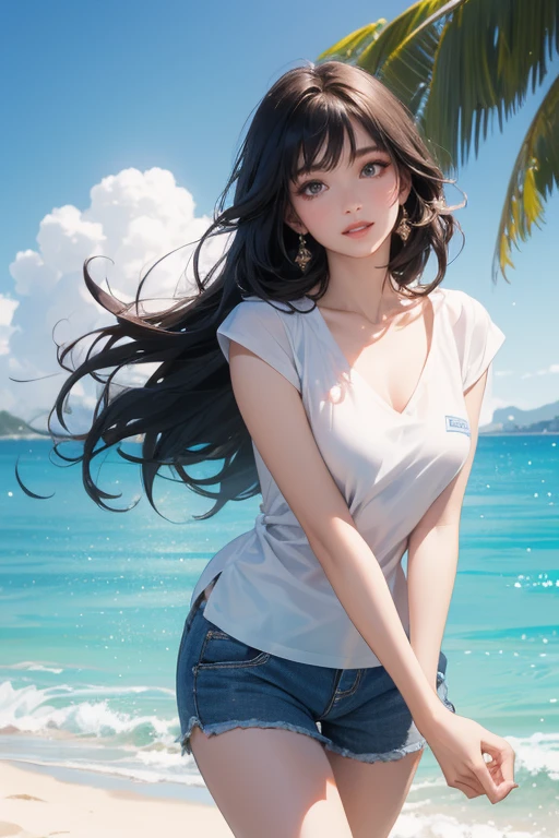 (Highest quality、masterpiece、High resolution、8K)、Vibrant colors、1 Female、Young and beautiful woman、whole body、(Detailed face、Beautiful Eyes、Beautiful nose、Pretty lips)、Black and brown short bob、White shirt and shorts、barefoot、Jump High、Surprised Smile、Official Art、The background is the sea、blue sky、Wide sandy beach、Wide forest、White waves and sandy beach、White Entrance Cloud、