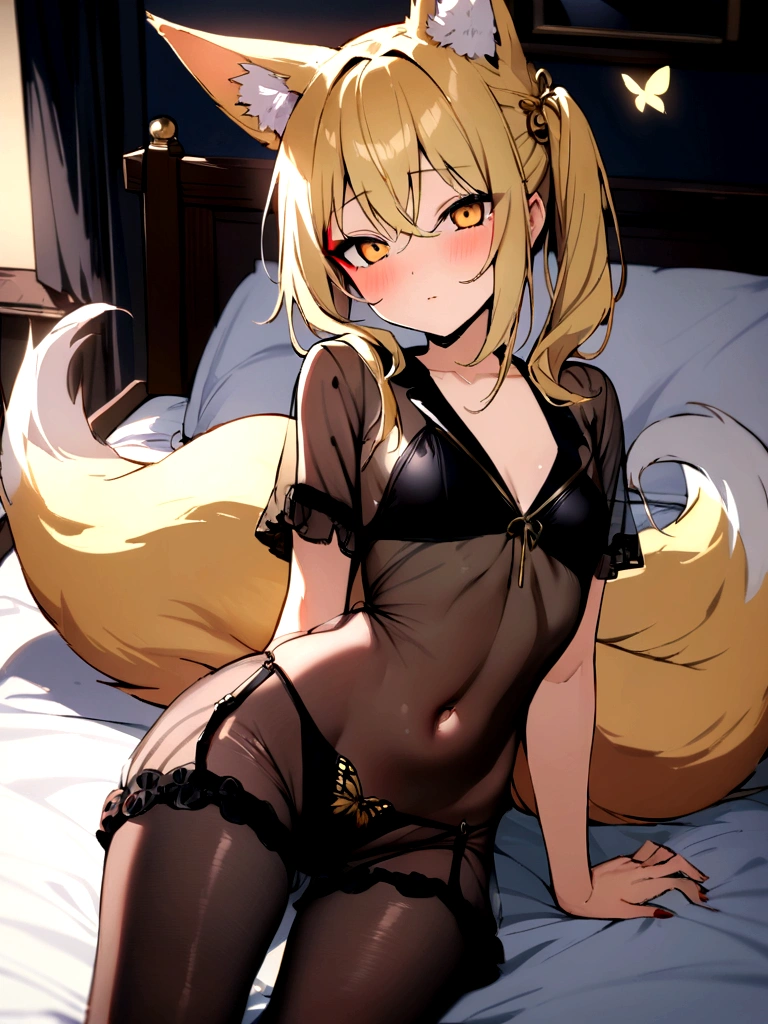 (masterpiece, best quality) junior,detailed, (beautiful,small breasts), blonde,long hair, side ponytail(tied to the left),Hairpin decoration with gold butterfly, elegant, (fox ears),nine tailed fox tail, red eyeshadow, golden eyes, femur,black pajamas,See-through pajamas,Bedroom Background,Lying in bed,girl,yandere,Wearing black tights