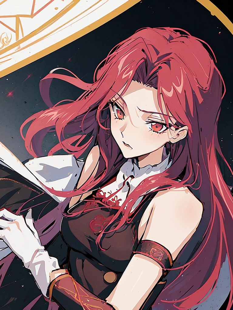 (((1 girl)),Ray Tracing,(Dim Lights),[Detailed background (Nightclub)),((Red hair)),((Red hair)),(Red hair, Busty and slim girl)) High Ponytail)))) Avoid blonde eyes in the ominous Nightclub卡座((((Girl wearing black high-waisted pants and tights with delicate embroidery) and white ruffled bow gloves), Show off your slender figure and beautiful curves, Correct limbs,
