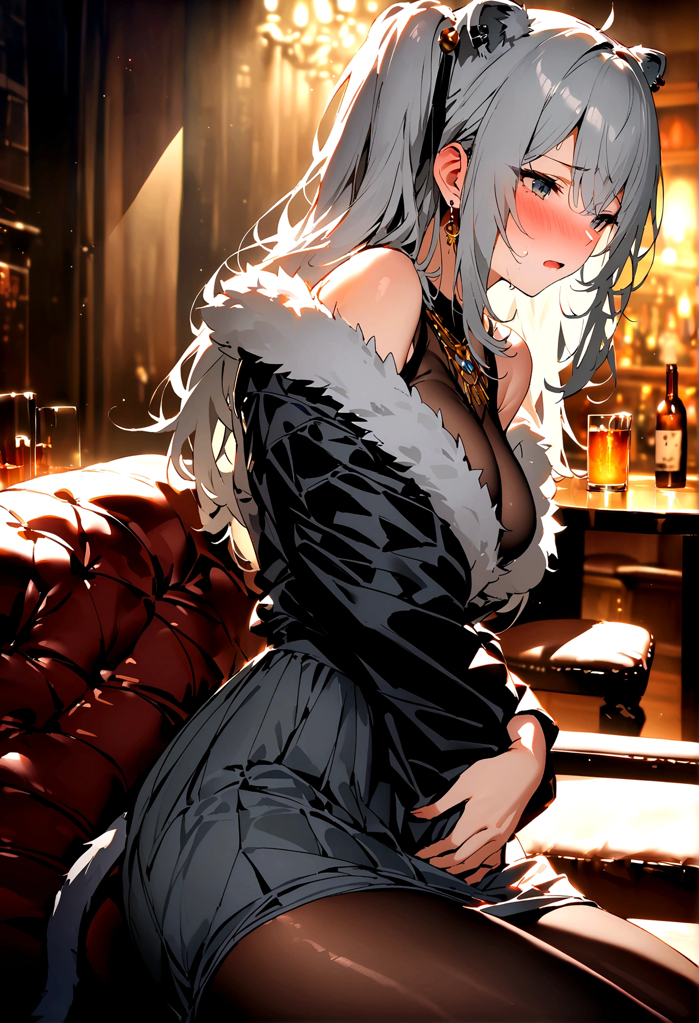 NSFW,masterpiece,Highest quality,High resolution,Super detailed,Shishirabotan\(Hololive\),Long Hair、Two Side Up、Earrings、Lion&#39;s Tail,necklace、Black Shirt、Sleeveless shirt、abdomen、See-through、Grey Skirt、片足pantyhose、pantyhose、fur-trimmed jacket、Black jacket、Off the shoulder,Black sexy panties,Embarrassed,blush,Luxurious Room,pub,Private room,sofa,(Drunk),(Intoxication),heart,Sexy pose,Panty shot,(Middle-aged men),(A man puts his hands on her waist and hugs her),to kiss,From the side