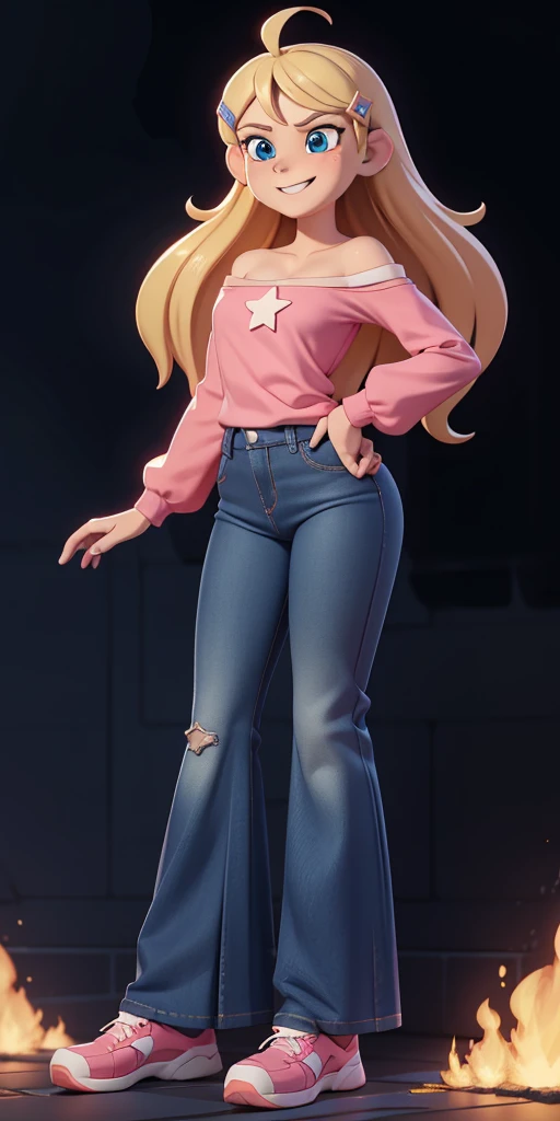 score_9, source_cartoon, 1girl, solo, Kelly Marra, looking very happy, looking very cute, long hair, blonde hair, cute blue eyes, hair ornament, hairclip, blue pants, white star (symbol) in the middle of the shirt, flare lbaggy blue pants(Wide flares on pants:1.2), pink sketchers shoes, Pink off shoulder t-shirt with white long sleeves,