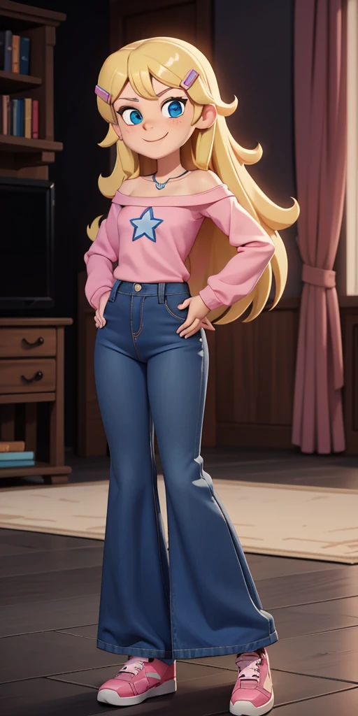 score_9, source_cartoon, 1girl, solo, Kelly Marra, looking very happy, looking very cute, long hair, blonde hair, cute blue eyes, hair ornament, hairclip, blue pants, white star (symbol) in the middle of the shirt, flare lbaggy blue pants(Wide flares on pants:1.2), pink sketchers shoes, Pink off shoulder t-shirt with white long sleeves,
