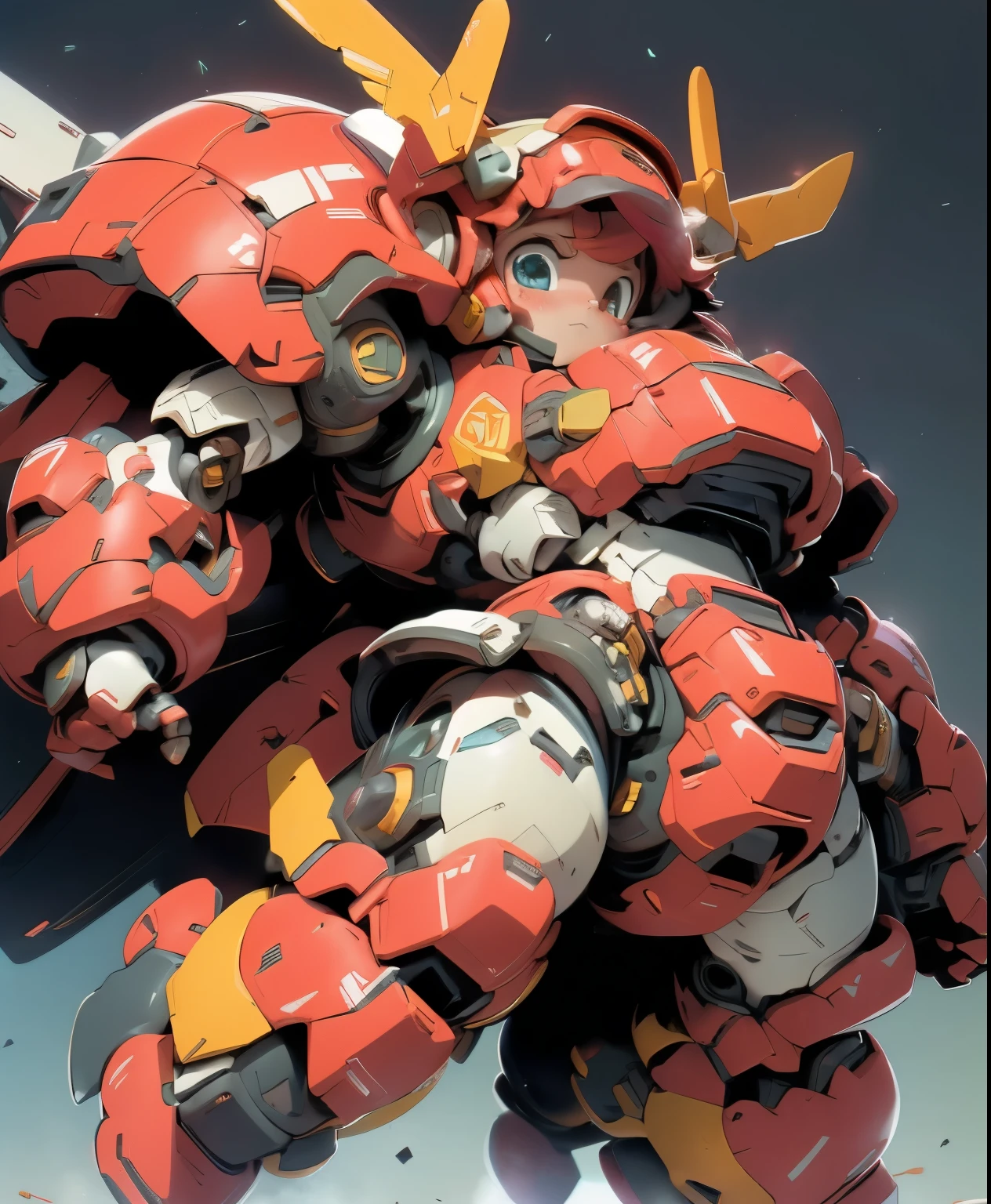 (((1 chibi girl in large red-colored robot costume, from below))), (holding weapons), (chibi), (bulky:1.8), (((helmet:1.5))), large cute face, mechanical parts, ((mechanical wings)), (full armor:1.8), (mecha armor:1.8), (shoulder guards:1.2),(huger arms), ((mechanical arms:1.5)), (short legs), (huger body:1.8), (heavy equipment:1.6), (from below), (headgear), blue sky, white clouds, robot joints, becoming a mecha, mecha, (RARS), (HRS), ROBOTANIMESTYLE, BJ_Cute_Mech,cute, girl BREAK ((masterpiece)), vibrant colors, 8k, best quality, ultra detailed illustration, ((best quality)), ((high resolution)), flawless skin textures, shiny oiled skin, extremely detailed anime eyes , extreme light and shadow