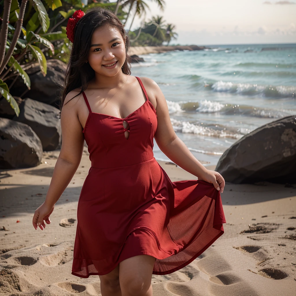 a young Indonesian woman wearing a red dress with rose details, standing on a beach,litte chubby, smilling,high quality 32k photography, bright lighting, high resolution, bokeh