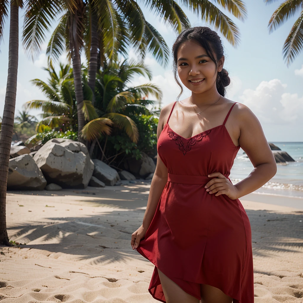 a young Indonesian woman wearing a red dress with rose details, standing on a beach,litte chubby, smilling,high quality 32k photography, bright lighting, high resolution, bokeh