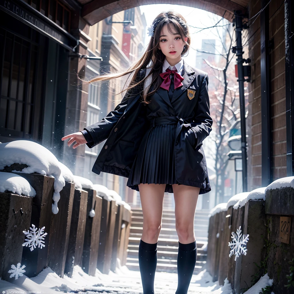 ExtremelyDetailed KAWAII SchoolGirls standing in (Sparkling snow dust), Stunning detailed eyes with (Sparkling Highlights:1.28), beautiful detailed lips, extremely detailed eyes and face, double eyelids with Detailed Long Eyelash, rosy cheeks, Radiant PearlSkin with Transparency, detailed snow fairys in (School Uniform with Coat), (glowing snowflakes:1.32), intricate snowy background, ethereal and magical lighting, cinematic composition, (best quality,4k,8k,highres,masterpiece:1.2),ultra-detailed,(realistic,photorealistic,photo-realistic:1.37) (FullBody:1.28) (exposed:0.33)