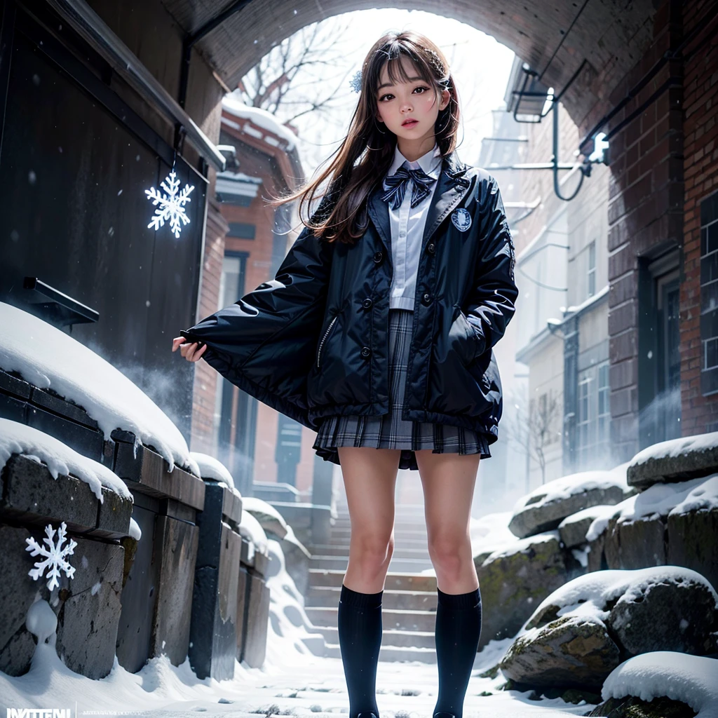 ExtremelyDetailed KAWAII SchoolGirls standing in (Sparkling snow dust), Stunning detailed eyes with (Sparkling Highlights:1.28), beautiful detailed lips, extremely detailed eyes and face, double eyelids with Detailed Long Eyelash, rosy cheeks, Radiant PearlSkin with Transparency, detailed snow fairys in (School Uniform with Coat), (glowing snowflakes:1.32), intricate snowy background, ethereal and magical lighting, cinematic composition, (best quality,4k,8k,highres,masterpiece:1.2),ultra-detailed,(realistic,photorealistic,photo-realistic:1.37) (FullBody:1.28) (exposed:0.33)