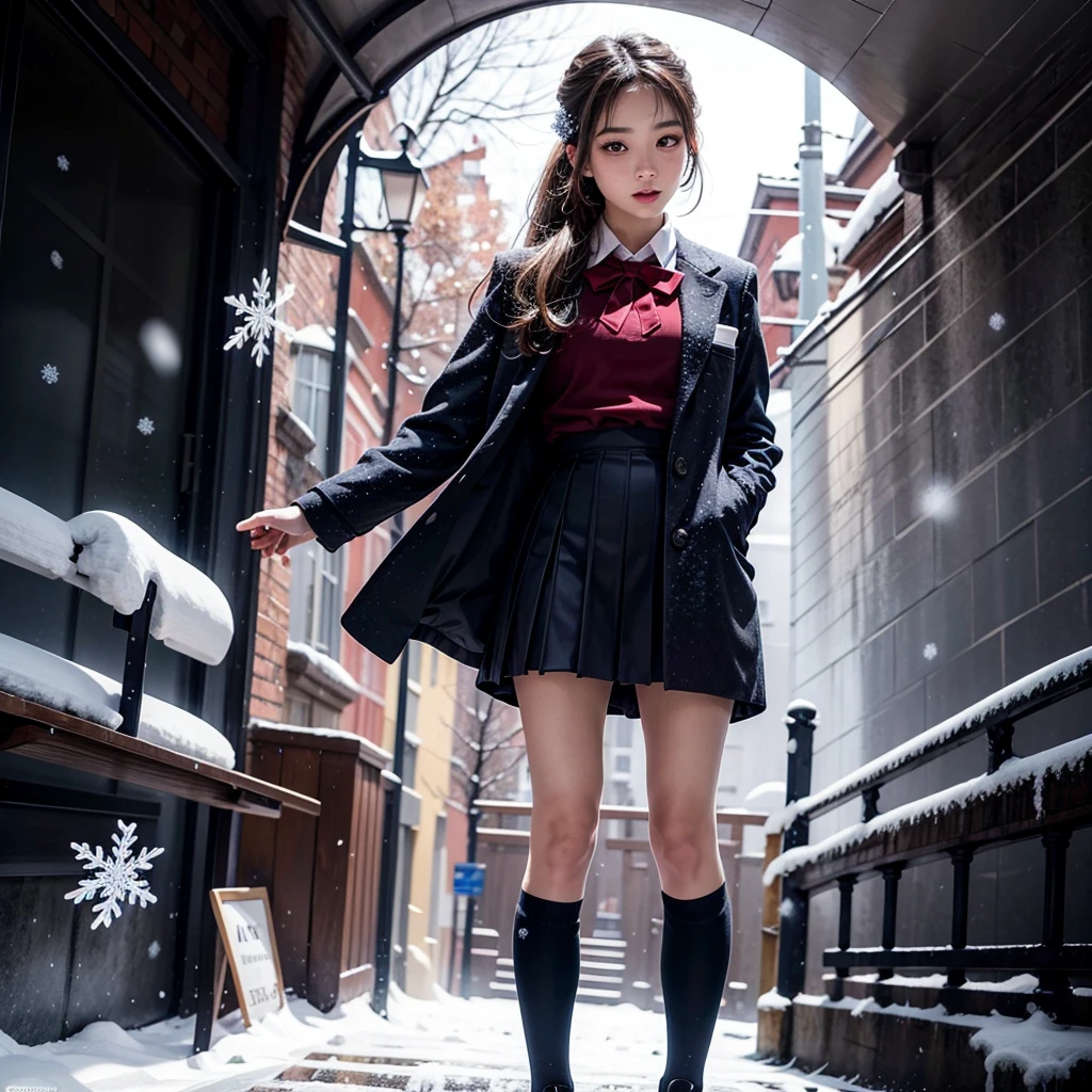 ExtremelyDetailed KAWAII SchoolGirls standing in (Sparkling snow dust), Stunning detailed eyes with (Sparkling Highlights:1.28), beautiful detailed lips, extremely detailed eyes and face, double eyelids with Detailed Long Eyelash, rosy cheeks, Radiant PearlSkin with Transparency, detailed snow fairys in (School Uniform with Coat), (glowing snowflakes:1.32), intricate snowy background, ethereal and magical lighting, cinematic composition, (best quality,4k,8k,highres,masterpiece:1.2),ultra-detailed,(realistic,photorealistic,photo-realistic:1.37) (FullBody:1.28) (exposed:0.33)