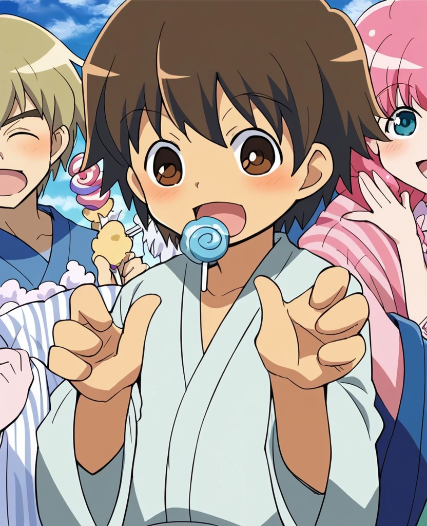 anime, 一peopleの男の子, Handa Shinichi, Brown Hair, Brown eyes, stop temporarily,cotton candy (background, ・色とりどりの花火が夏祭り会場のColor the night sky. ・Fireworks soar high into the sky、Color the night sky. ・The summer festival scene is depicted with a focus on boys.. ● Stalls and stalls are lined up, そしてpeople々seems to be enjoying. ), (people, A man wearing a yukata stands under fireworks. Late teens to early twenties, -A man has a huge piece of cotton candy in her hand. ), (Four fingers and thumb:1.3), (cotton candy, ・((The man is holding her face size over cotton candy:1.3), (massive size cotton candy:1.5)). ・cotton candyは真っ白でふわふわ, It smells sweet when you put it in your mouth. ), Open your mouth:1.25, (expression, ・The man is eating cotton candy with relish. The boy has a smile of satisfaction on his face.. ),