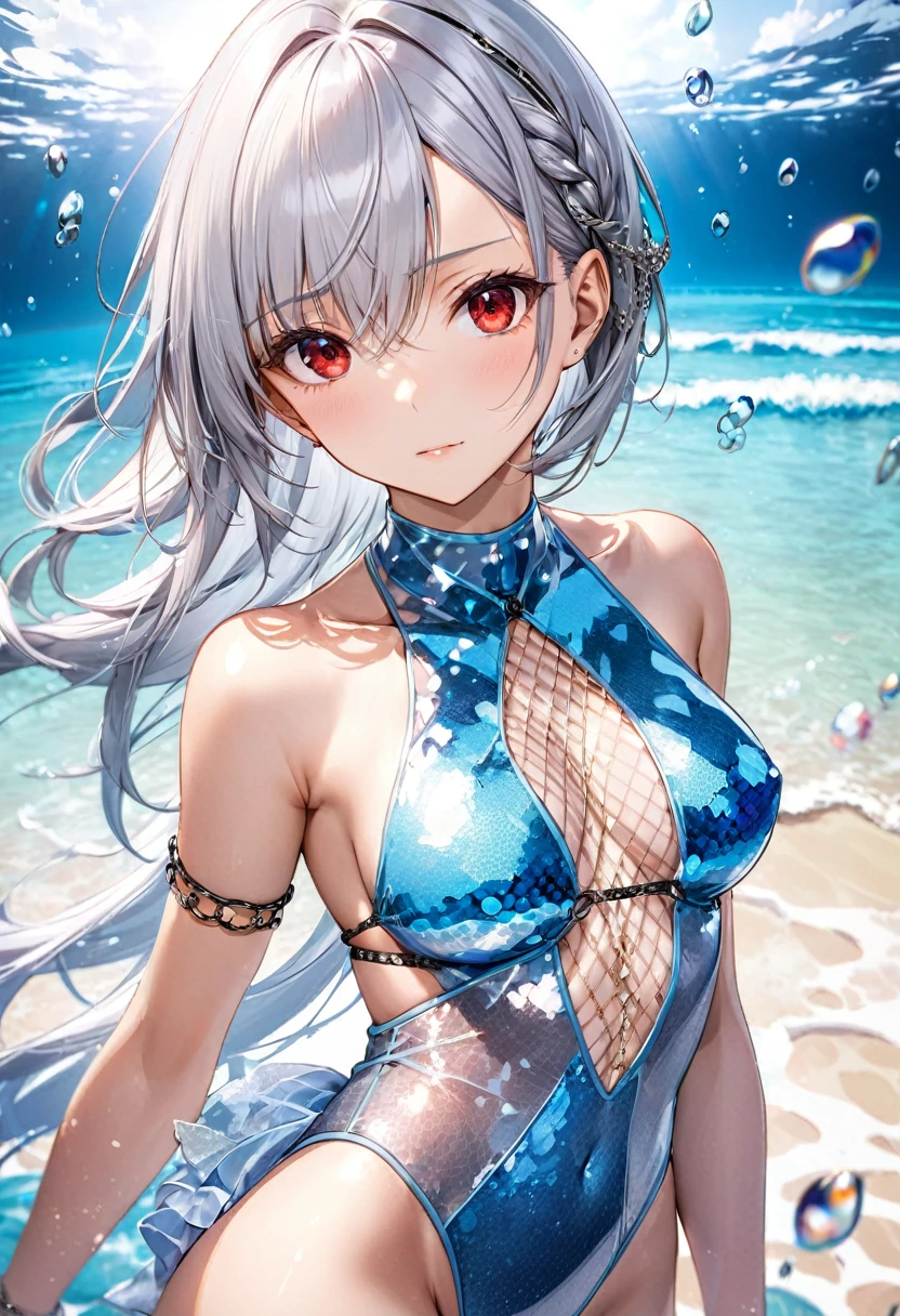(pov Swimwear style) (beautiful body), (solo:2, yo, hime cut silver hair hair long hair divine fighter girl, cool red eyes, serious make up face, medium tits), (in a Crystalline detailed one piece Layered Dress swimsuit, detailed sequin body chain), break, in the summer Swimsuit contest show venue, background Double Exposure beautiful ocean, BREAK, perfect anatomy, masterpiece, best quality, 16k, beautiful detailed love, sexy, daydreaming expression.