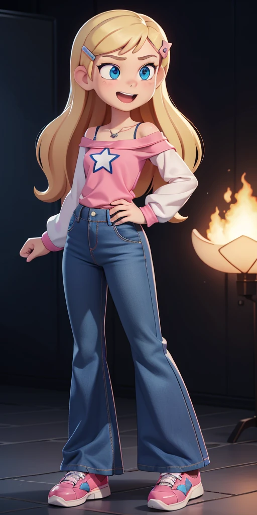 score_9, source_cartoon, 1girl, solo, Kelly Marra, looking very happy, looking very cute, long hair, blonde hair, cute blue eyes, hair ornament, hairclip, blue pants, white star (symbol) in the middle of the shirt, flare baggy blue pants(Wide flares on pants:1.2), pink sketchers shoes, Pink off shoulder t-shirt with white long sleeves,
