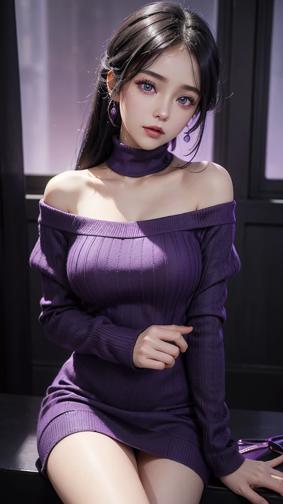 4k ultra high definition、best quality, masterpiece, Ultra-high resolution, (Reality: 1.4),  1 girl, Purple Eyes, Off-the-shoulder sweater dress, Light、purple and black hair、(My girl、My cosmetics)、(Dante&#39;s Cave、Large Breasts、Oversized off-the-shoulder black T-shirt、Dark miniskirt)、((Dark Makeup、Oily skin,有Light泽的皮肤、Realistic skin texture、Delicate and beautiful skin、容Light焕发的皮肤)), Dark city center at night、Kabukicho、Dark cyberpunk、(panoramic:1.8)(masterpiece, best quality, Extremely detailed, The best shadow), (Detailed background,Dark Fantasy), (Beautiful and delicate face), High contrast, (Optimal Lighting, Extremely refined), ((Light)), rich and colorful, Extremely detailed, 戏剧性的Light, Intricate details, (1 girl, solitary,Black Hair, Pointed face,Low double ponytail,Red Eyes, Hair between the eyes,Dynamic Angle), Blood splatter, Black Light swirling around the character, Depth of Field,Black Light particles,(shattered glass),Magic Circle,