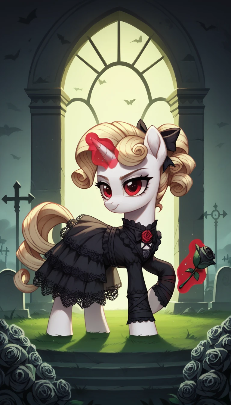 score_9,score_8_up,score_7_up,score_6_up, filly, unicorn, white fur, curly blonde hair, red eyes, Gothic pony, lolita fashion, glowing backlight, fashion show, graveyard, glitter, whimsical, enchanted, magical, fantasy art concept, intricate details, holding a black rose with unicorn magic