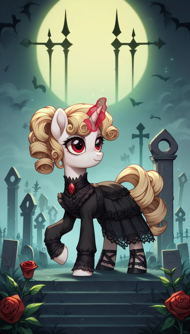 score_9,score_8_up,score_7_up,score_6_up, filly, unicorn, white fur, curly blonde hair, red eyes, Gothic pony, lolita fashion, glowing backlight, fashion show, graveyard, glitter, whimsical, enchanted, magical, fantasy art concept, intricate details, holding a black rose with unicorn magic