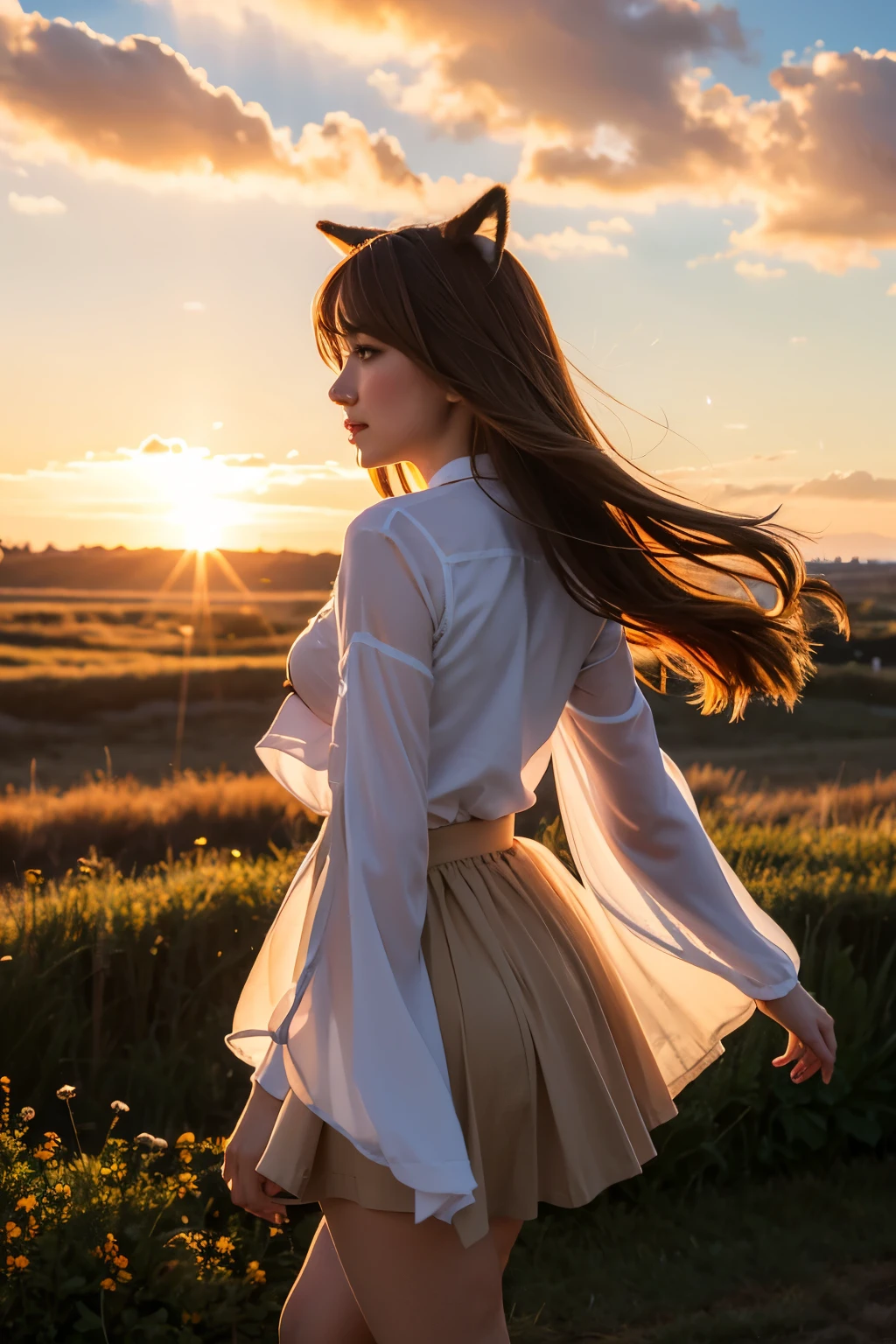 Sally Acorn, One girl, alone, wood, null, Outdoor, skirt, cloud, brown, hair, sunset, lens, Flare, scenery, , sun, Wind, length, sleeve, Animal Nose，skirtを脱ぐ