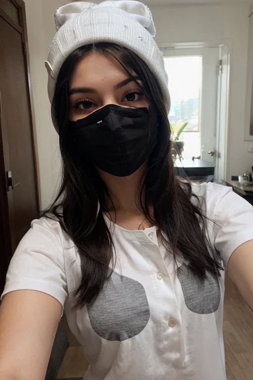 Sexy girl with long black hair taking a selfie in black mask and white shirt with a gray beanie