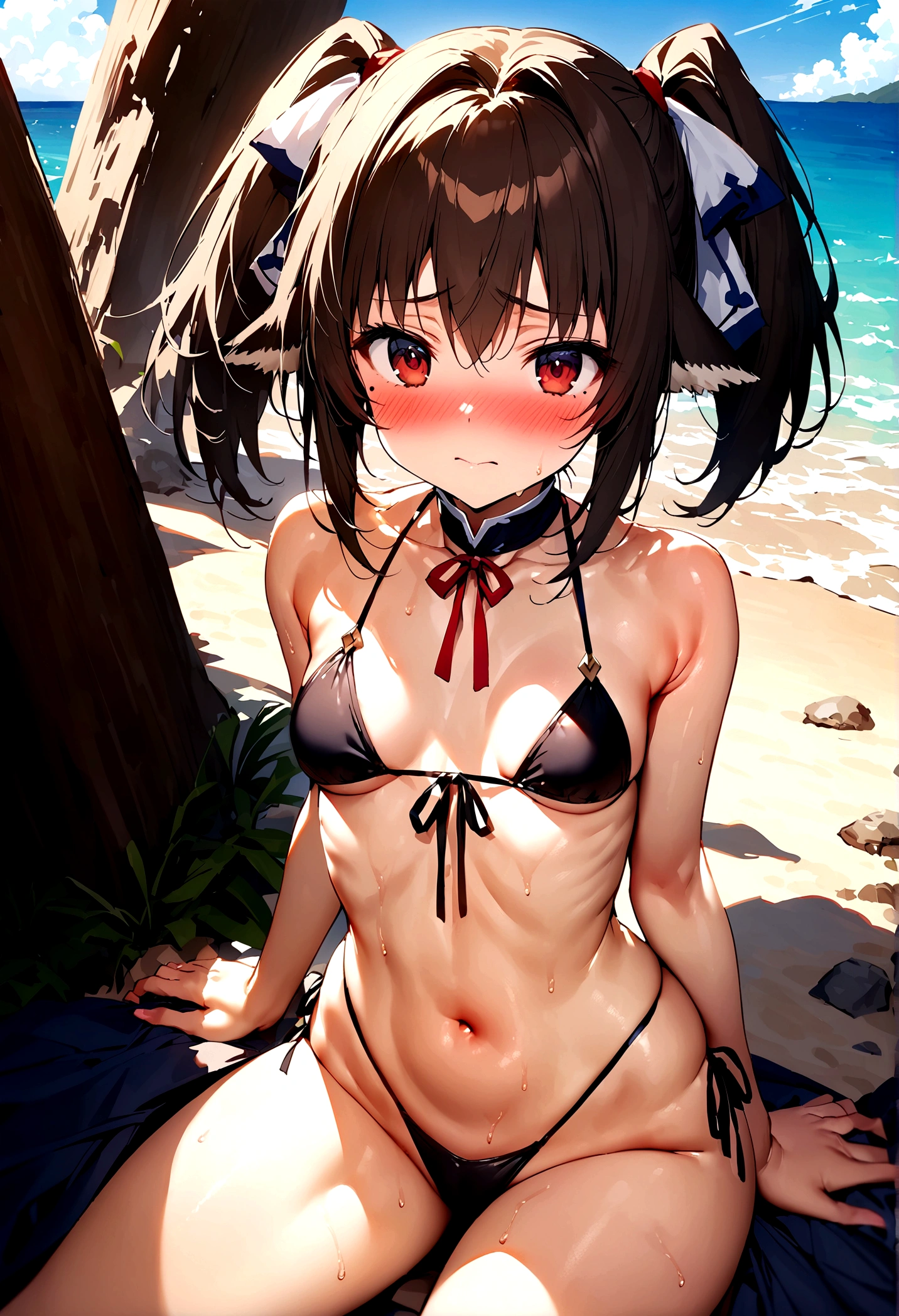 NSFW,masterpiece,Highest quality,High resolution,Super detailed,Nekone \(Utawarerumono\),Brown Hair、（Red Eye：1.3）、ribbon,Twin tails、ヘアribbon、Mole、目の下のMole,Small breasts,Japanese style,High quality sexy bikini,beach,Palm tree,Rock Shade,Embarrassed,blush,(Seduce),(Strong-faced men),Picking Up Girls