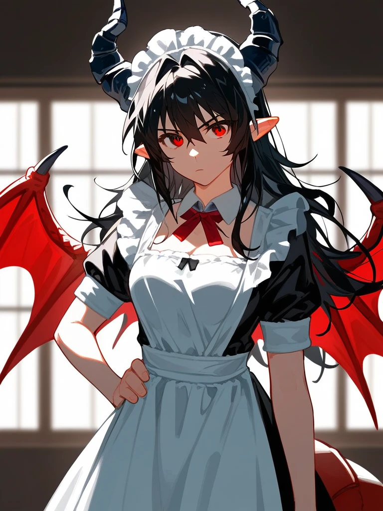 (score_9,score_8_up,score_7_up,), 1girl,solo,maid,maid headdress,looking at viewer,apron,indoors, black hair, messy hair, mane hair, long hair, dense hair, wild hair, dragon horns, dragon wings, tucked in wings, expressive hair, mature, red eyes, pointy ears, long hair, alice, standing, mature female, medium breasts, cowboy shot, close up, serious