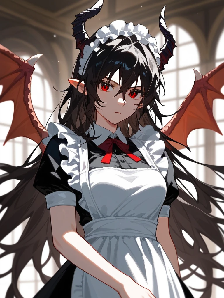 (score_9,score_8_up,score_7_up,), 1girl,solo,maid,maid headdress,looking at viewer,apron,indoors, black hair, messy hair, mane hair, long hair, dense hair, wild hair, dragon horns, dragon wings, tucked in wings, expressive hair, mature, red eyes, pointy ears, long hair, alice, standing, mature female, medium breasts, cowboy shot, close up, serious