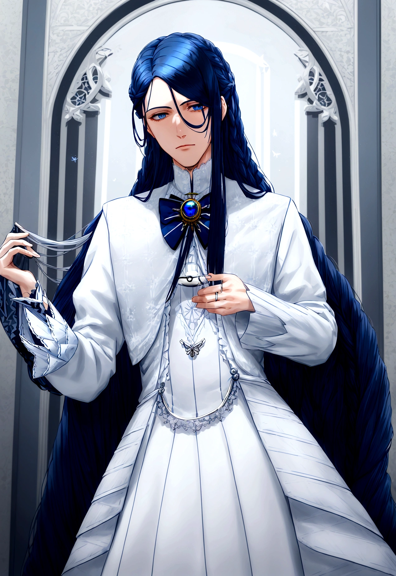 (masculine) (man) (man de Navy blue hair muy largo) (long hair de color azul marino ) (long hair) (Navy blue hair) (blue eyes) (monoculo) (silver monocle) (elegant white clothes with lace) (silver lace) (porcelain, piel de porcelain) (marked doll joints) (butterflies alrededor) (butterflies) (detalles silver) (silver) (doll pose)