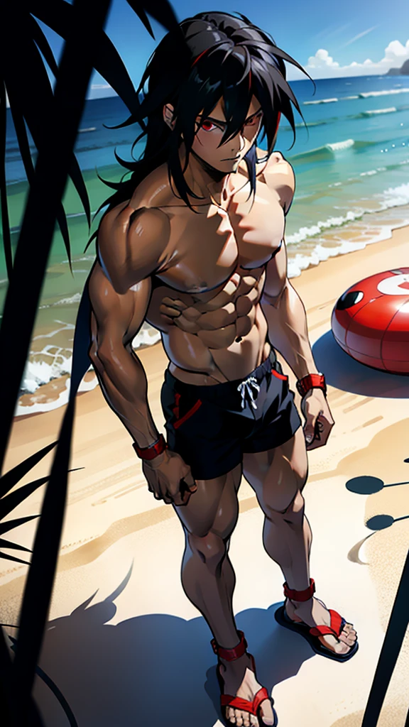 アニメ cel-shading Akame, red eyes, bikini, on the beach in ((anime + manga + comics + cartoon) style)