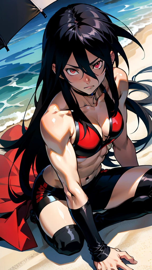 アニメ cel-shading Akame, red eyes, bikini, on the beach in ((anime + manga + comics + cartoon) style) 