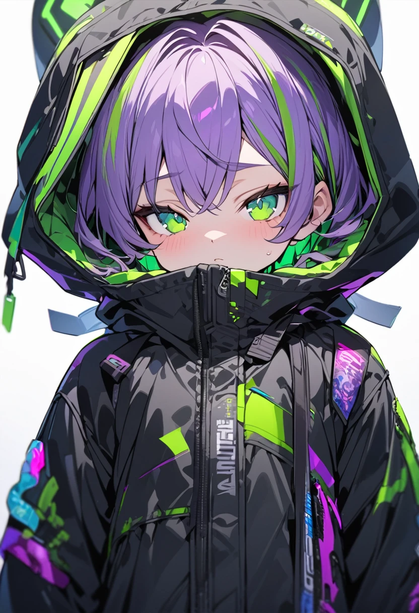 [(WHITE BACKGROUND:1.5),::5], ((((masterpiece)))), high quality, ultra very high resolution, full color, (((solo))), ((little boy)), Purple hair, ((Green streaked hair)), (Green eyes), anime, neon light, black parka, 