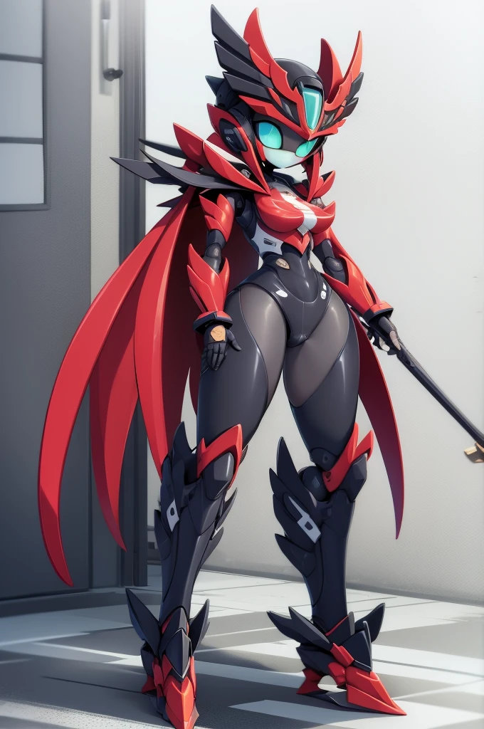A woman dressed in black and red holds a sword, as a badass monster hunter, in monster hunter armor, Anime monster girl, demonic dragon inspired armor, with scaly-looking armor, sleek mecha female dragon head, human and dragon fusion, robot mecha female dragon head, full body dragon concept, queen of blades, best anime character design