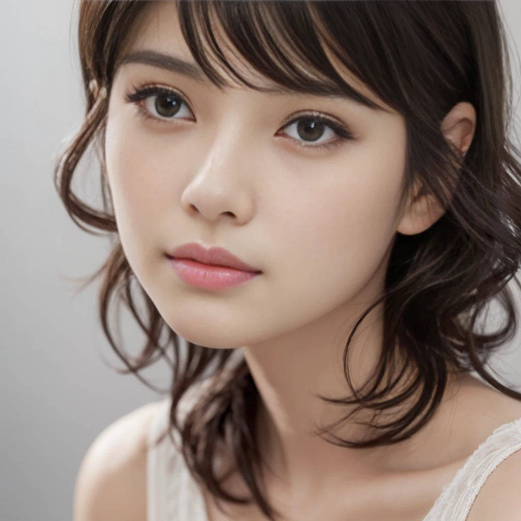 close-up,(Highest quality, Very detailed, masterpiece:1.2), 1 women, Very thin body, length, Thin legs, ((Black wavy short layered cut hair hair:1.2)), ((Thick and fluffy bangs)), Very detailedな顔,A faint smile, small, Thin Nose, small thin mouth, Extremely sharply focused eyes, Japanese, Beautiful Face, Realistic eyes, Beautiful and beautiful eyes, Realistic Skin, Beautiful Skin, charm, (A vivid face),