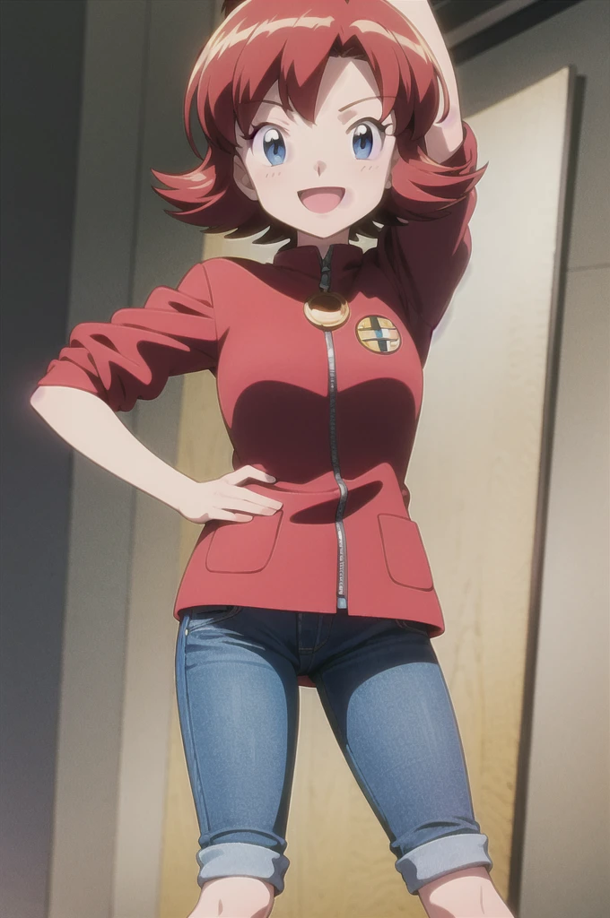 a 20 years old girl, solo, pokemovies, sugimori ken, ken sugimori ken \(style\), masterpiece, best quality, 1girl, jeans, red jacket, blue shirt, happy, smile, anime screencap,