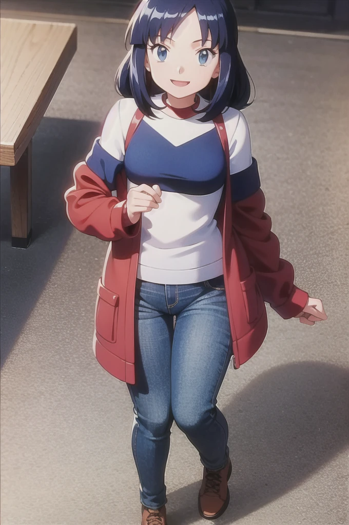 a 20 years old girl, solo,   pokemovies, sugimori ken, ken sugimori ken \(style\),  masterpiece, best quality, 1girl, jeans, red jacket, blue shirt, happy, smile, anime screencap,