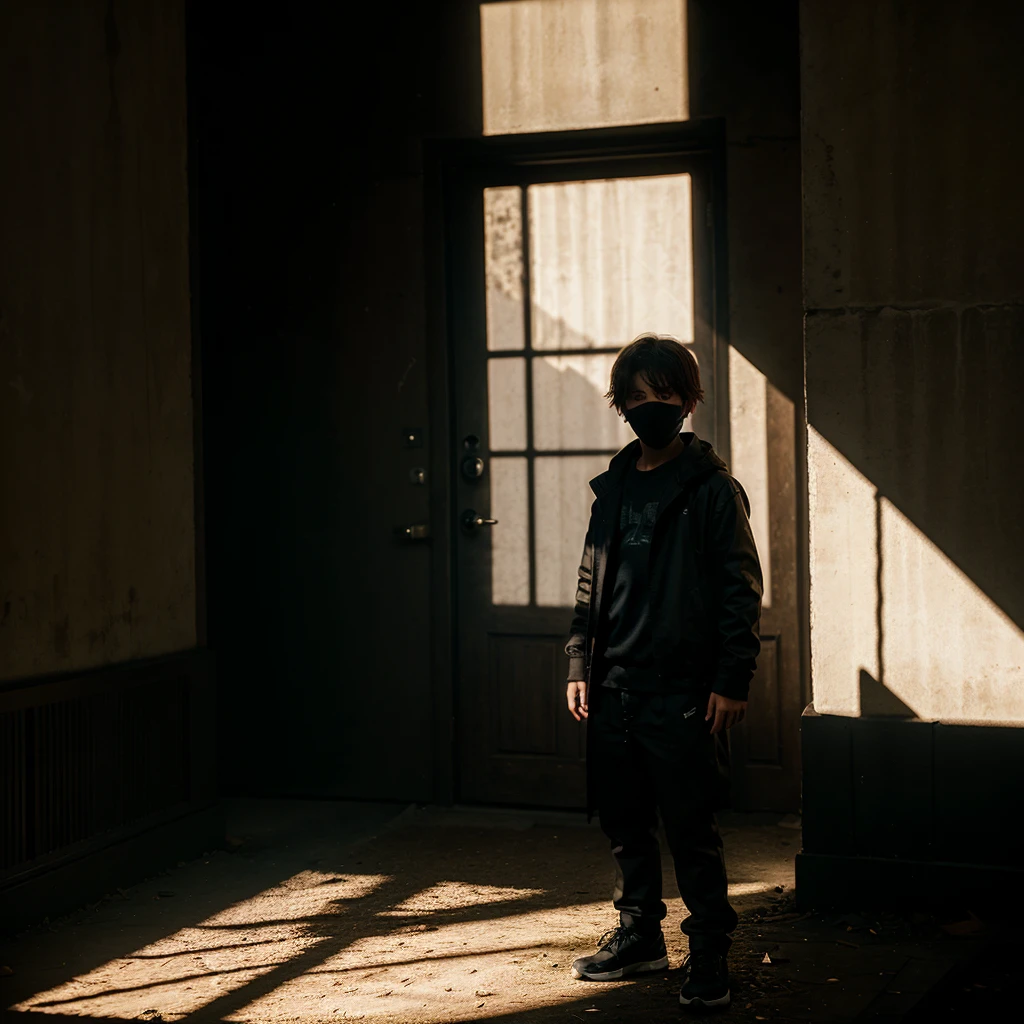 A mysterious boy with a hidden face stands in the shadows, exuding a dangerous aura in a hyper-realistic 4K AI world.