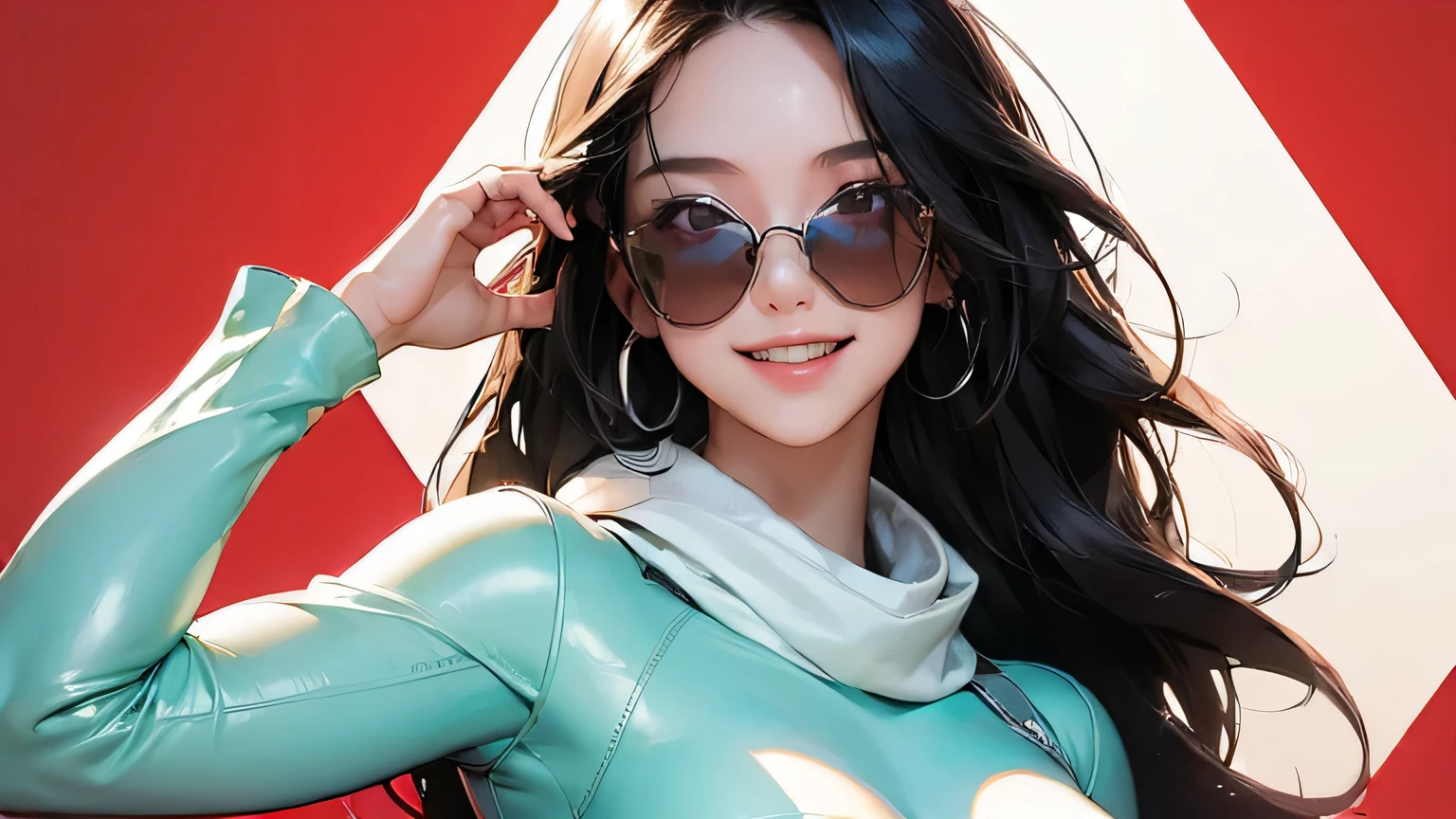 (masterpiece, best quality, 8k wallpaper, high resolution, ultra realistic), 1 woman, 1 girl with sunglasses, 18 years old, woman with long black hair, laughing, smiling, 8k, RAW portrait (Japanese woman), masterpiece, photorealistic: 1.3, realistic, ultra high resolution, highest quality, real life photo, (in the evening: 1.1), ((((1 girl: 1.5))))(cute face: 1.3), perfect proportions, 80s oversized sunglasses,, steampunk, col: white/green, face retouch, labrador, robot suit, chrome skin, savvy, anime cosplay, enhanced cyber, skin color –, slim bodysuit, red scarf, light colored background, two people posing. smiling, looking at you and laughing, grinning,