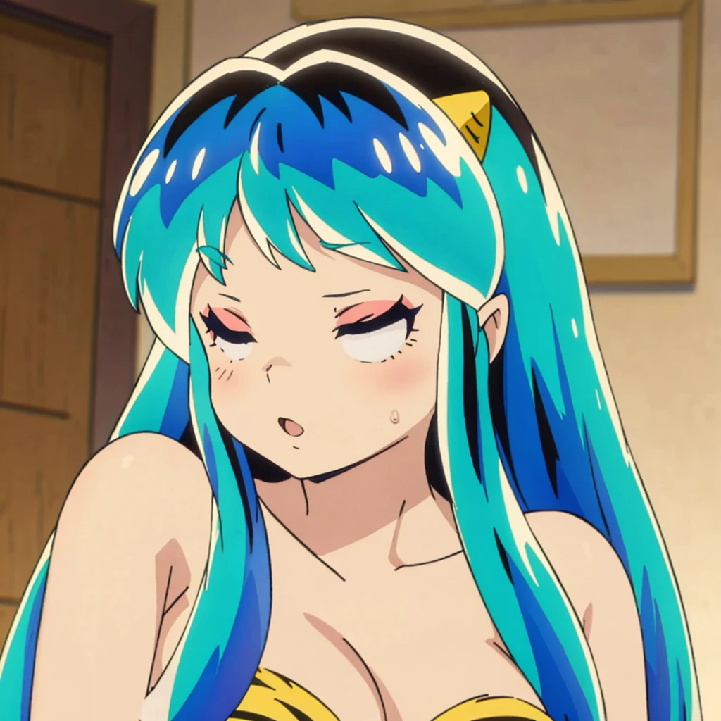 masterpiece, Highest quality, 1 Girl, Lum, 比基尼, anime, Face close-up, Charm, 18-year-old, Ahegao, My hair is messy, Open your mouth slightly, lipstick, sexy, painful, Being spoiled, Sleeping with eyes closed
