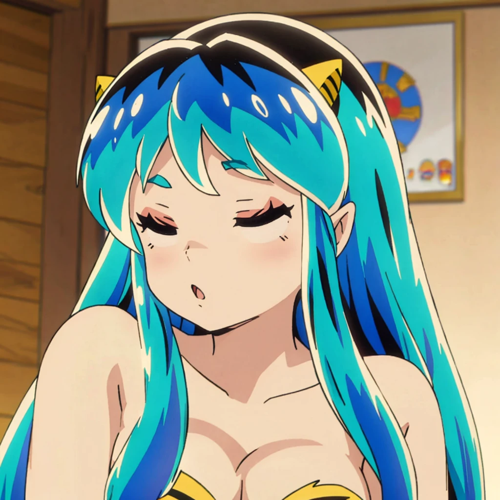 masterpiece, Highest quality, 1 Girl, Lum, 比基尼, anime, Face close-up, Charm, 18-year-old, Ahegao, My hair is messy, Open your mouth slightly, lipstick, sexy, painful, Being spoiled, Sleeping with eyes closed