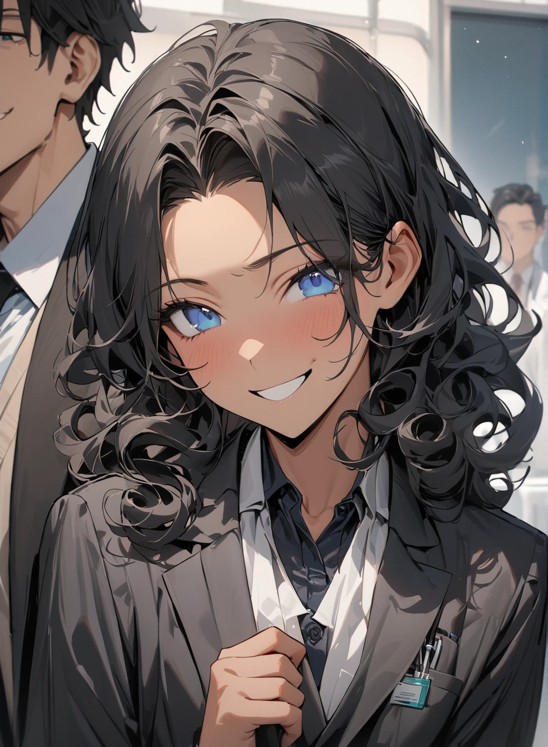 (( straight face picture )) ((best quality)), (Masterpiece)), (details), ( Beautiful colors ) ( ornamentation )( man ) ,doctorหนุ่ม , Tanned skin , black hair,blue eyes ,Shoulder-length hair ,Slightly curly hair , open forehead , suit ,doctor , Smiling.